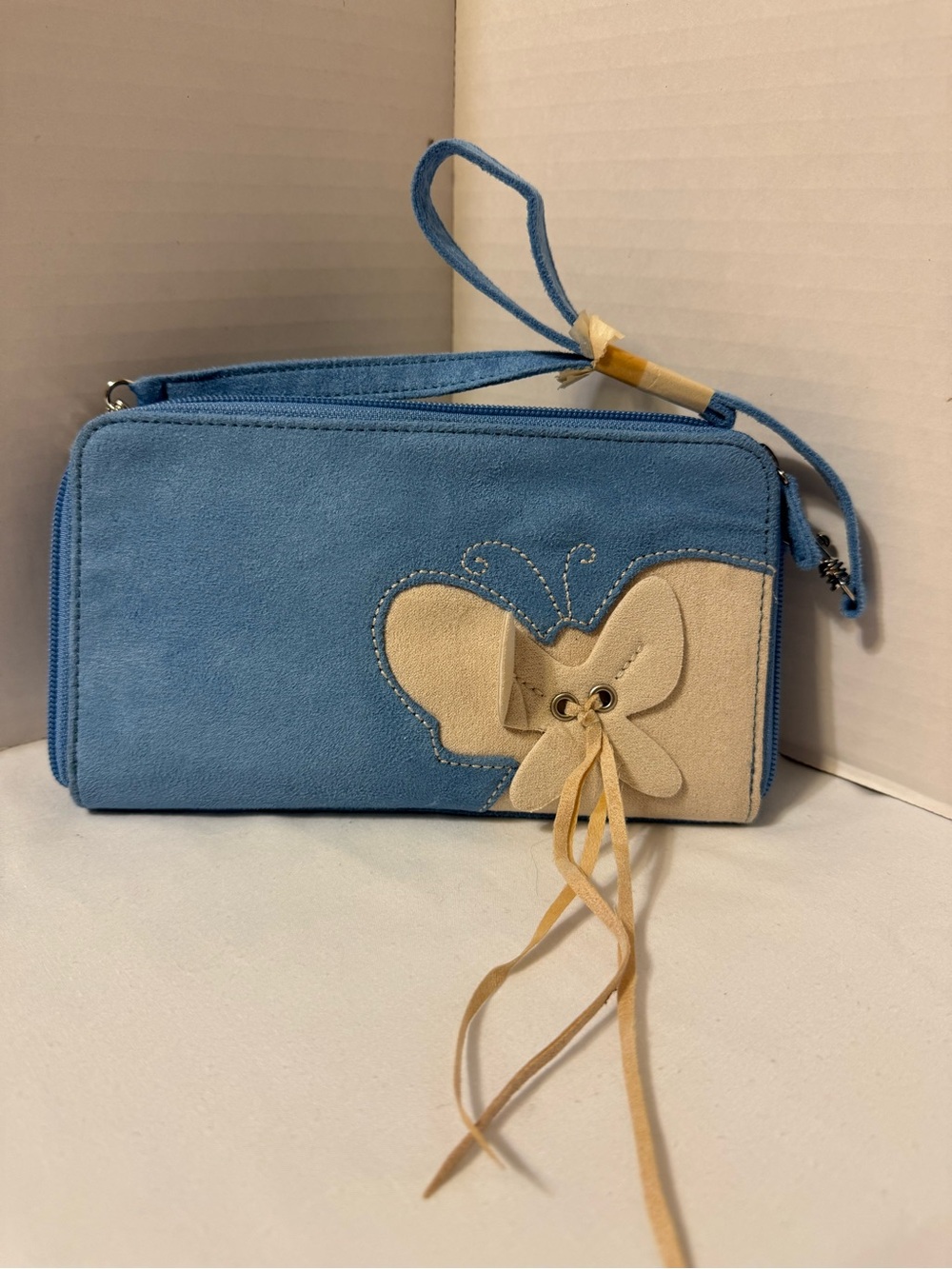Avon Blue Suede Wallet with Cream Butterfly Accent
